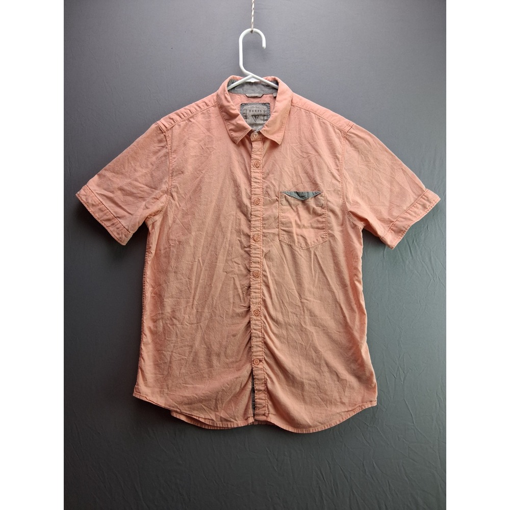 Guess Shirt Button Up Regular Fit Medium Salmon Pink Short Sleeve Pocket Cotton